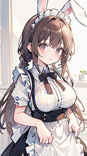 (Brown Hair), Braided Ponytail, ((Bunny ears)), Maid headdress, Fujicolor, (((masterpiece))), ((Textured skin)), (((Attention to detail))), High resolution, cute, Lovely, Maid, Apron dress, Big Breasts, Bird&#39;s-eye view