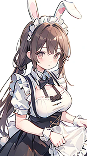 (Brown Hair), Braided Ponytail, ((Bunny ears)), Maid headdress, Fujicolor, (((masterpiece))), ((Textured skin)), (((Attention to detail))), High resolution, cute, Lovely, Maid, Apron dress, Big Breasts, Bird&#39;s-eye view