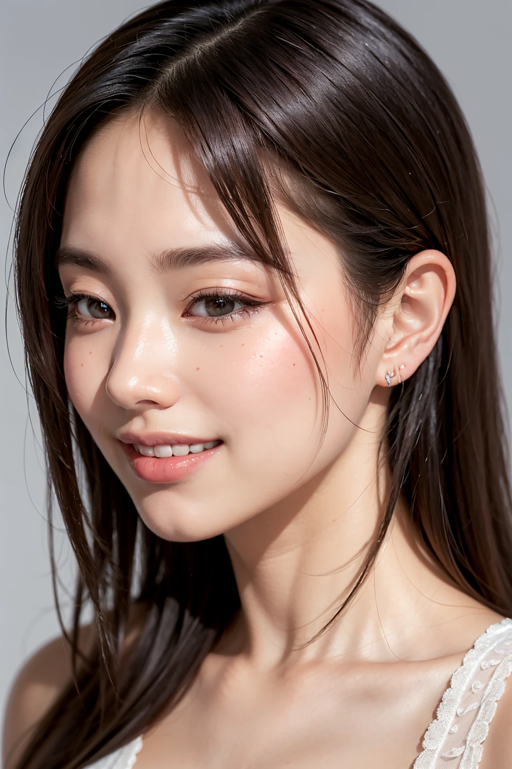 Realistic, masterpiece, Highest quality, Highest Resolution, (Gray blank background:1.3), (One Japanese woman:1.3), 20-year-old, (Close up on face:1.3), (Photographed from the chest up:1.2), (Long Hair, Straight Hair, Silver Hair:1.3), ((Squint your eyes, smilingly, Sharp Eyes:1.2), (Iris:1.2), (Detailed eyes:1.3), (Hidden eyelid wrinkles:1.2), (Draw eyelashes carefully:1.2)), (Baby-like smooth skin:1.3), Date makeup, Photograph the subject from the side, The subject is gazing into the distance, Summer clothes