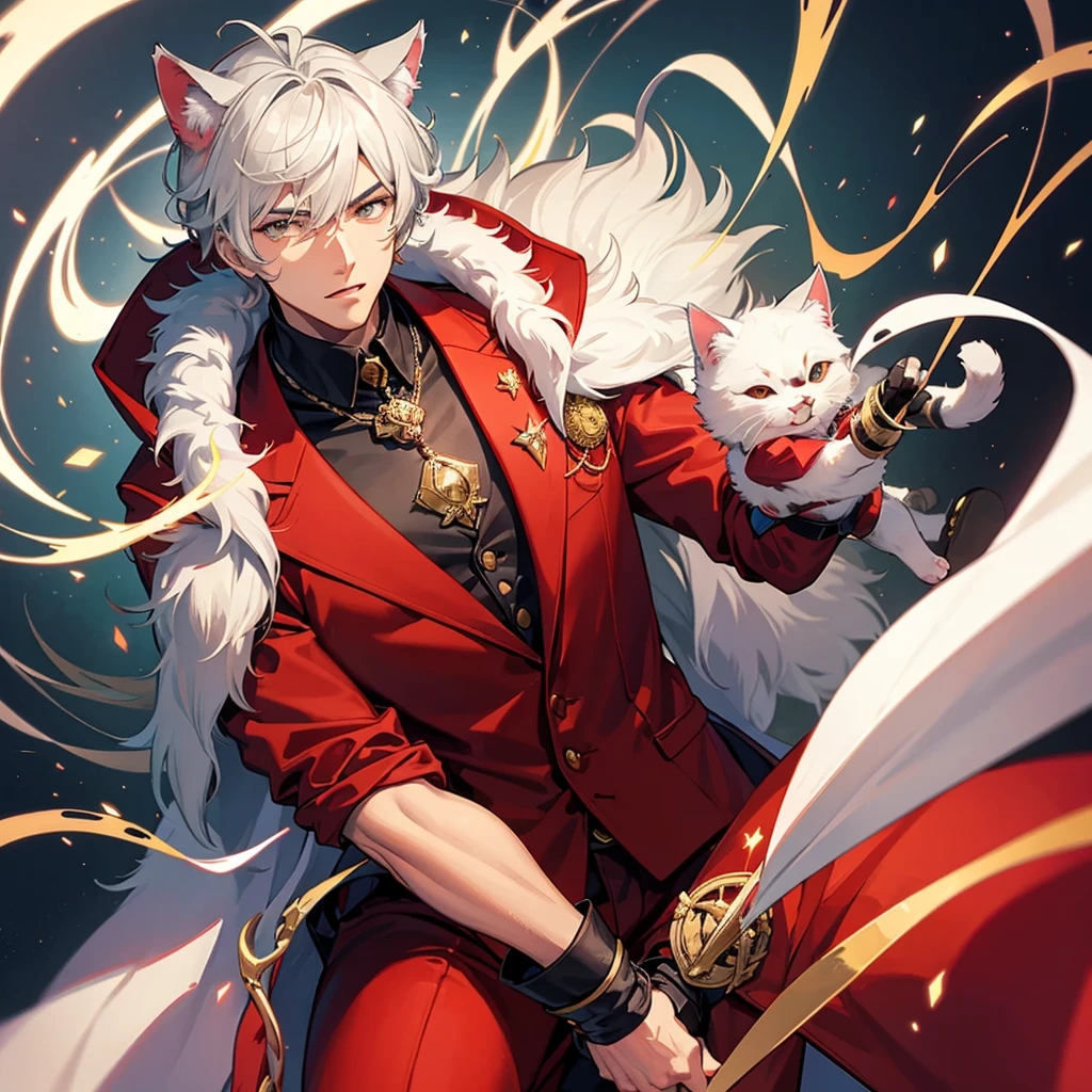 Changed into a man and into a handsome cat-type creature wearing a red cape.that is attacking