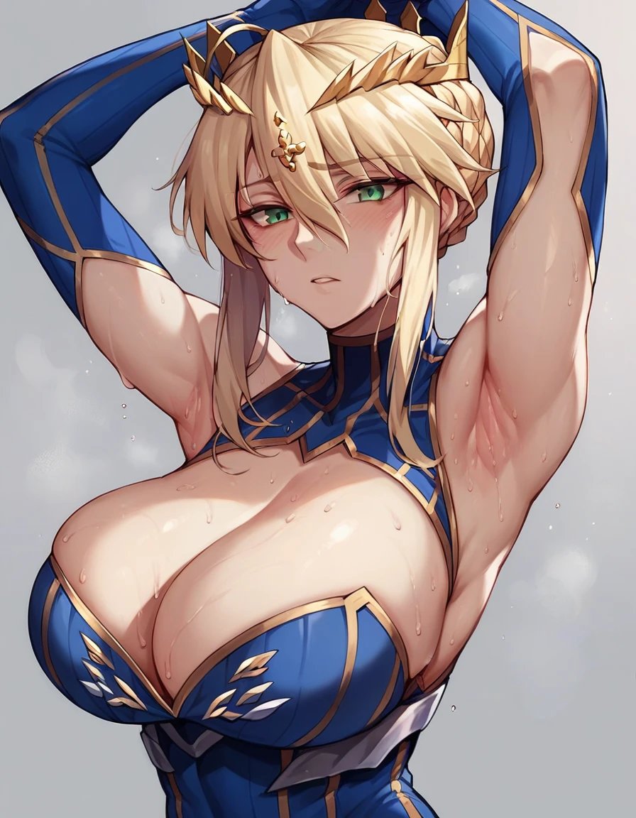 1 girl, Artoria Pendragon lancer (fate grand order), big breast, bare shoulders, arms up, armpits, sweat drop, very sweaty, looking at viewers