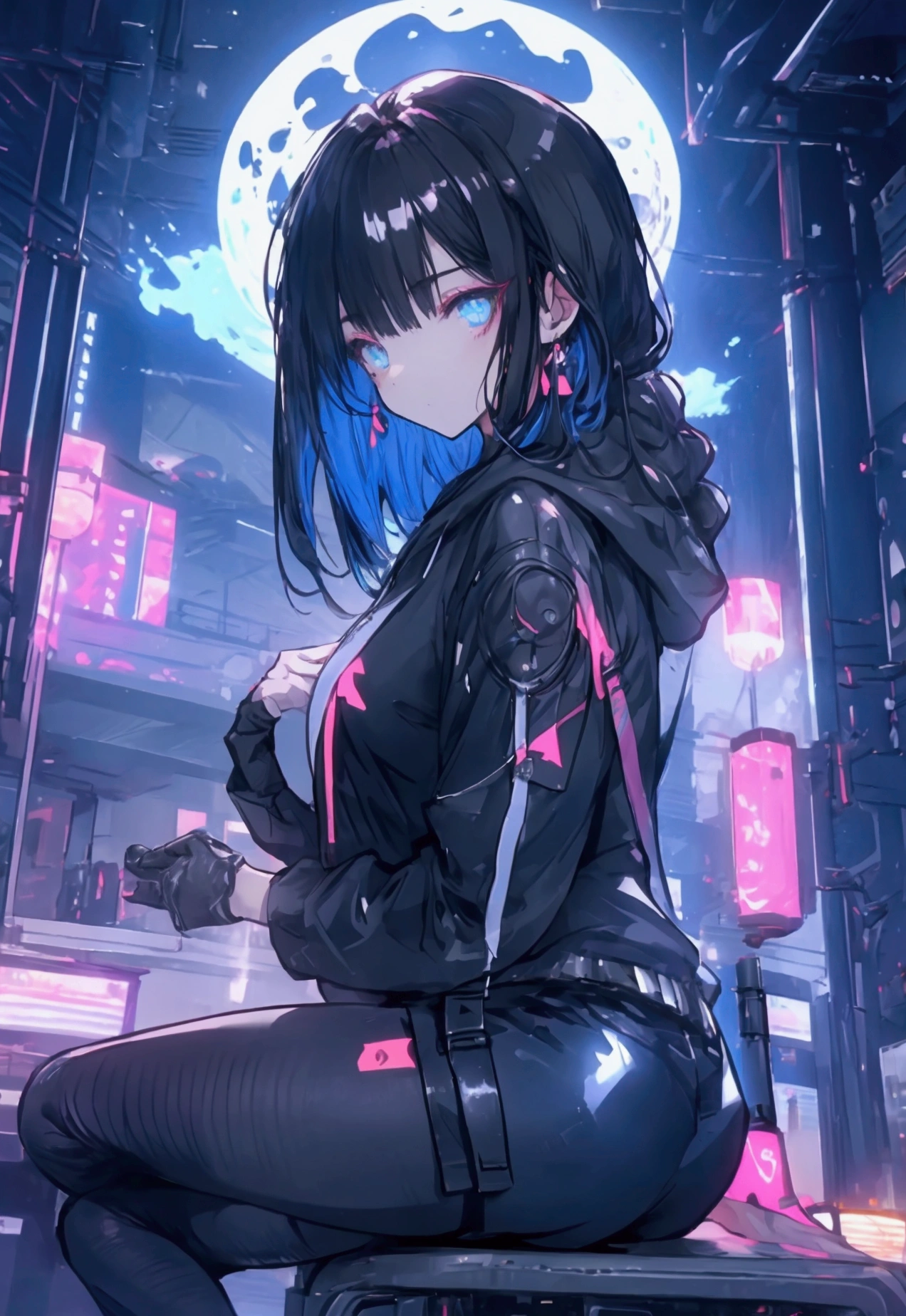 Using a laptop、Beautiful Face、Beautiful legs、Black Hair、On the roof、full moon,neon.hoodie,Sitting、hacker