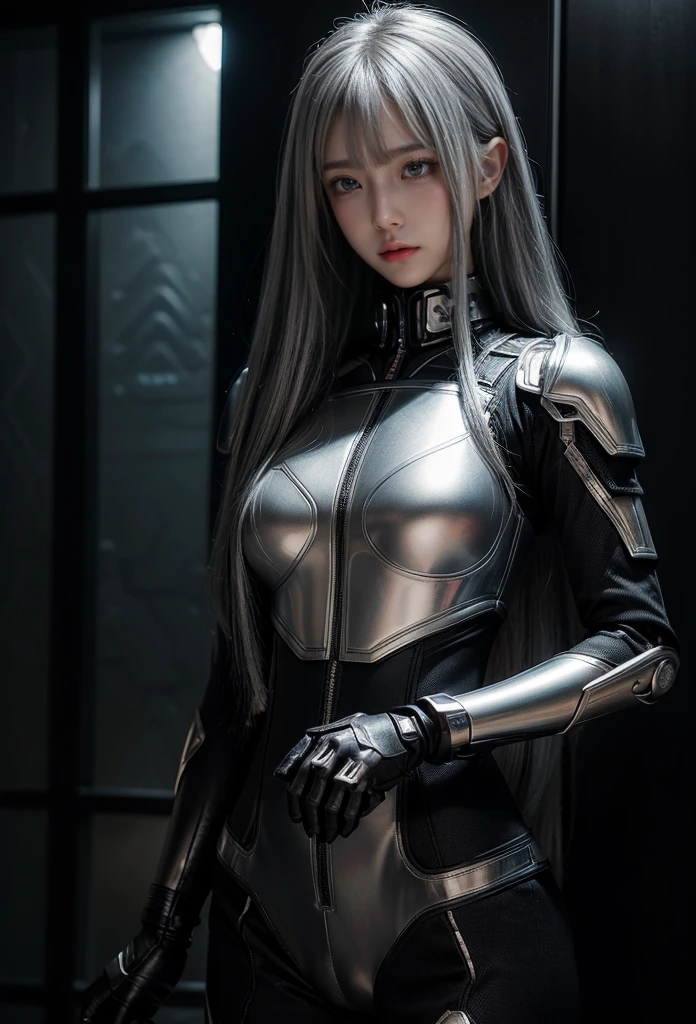 cyber angel,machine wing,{{Sci-Fi Armor}},cyber suit,cyberpunk,science fiction,cyber battle armor,Battledress,Military Uniforms,pants,black military uniform,whole body,Height: 168cm,almond shape eyes,{{{{{silver eyes}}}}},{{{{{dull bangs}}}}},(slanted eyes},{{whole body},{{{1 girl}}}, long hair, straight hair,{{{{silver hair}}}},{{{tsurime}}},30 years old,{Medium chest},{{bush}},silver eyes,{{{masterpiece}}}, {{{highest quality}}}, {{Super detailed}}, {shape}, {{very delicate and beautiful}},very detailed,detailed perfect,detailed hyper,Abundant thighs,big ass,black clothes