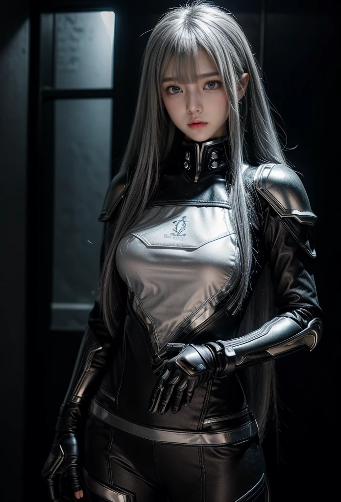 cyber angel,machine wing,{{Sci-Fi Armor}},cyber suit,cyberpunk,science fiction,cyber battle armor,Battledress,Military Uniforms,pants,black military uniform,whole body,Height: 168cm,almond shape eyes,{{{{{silver eyes}}}}},{{{{{dull bangs}}}}},(slanted eyes},{{whole body},{{{1 girl}}}, long hair, straight hair,{{{{silver hair}}}},{{{tsurime}}},30 years old,{Medium chest},{{bush}},silver eyes,{{{masterpiece}}}, {{{highest quality}}}, {{Super detailed}}, {shape}, {{very delicate and beautiful}},very detailed,detailed perfect,detailed hyper,Abundant thighs,big ass,black clothes
