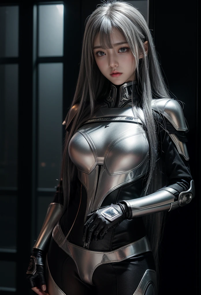 cyber angel,machine wing,{{Sci-Fi Armor}},cyber suit,cyberpunk,science fiction,cyber battle armor,Battledress,Military Uniforms,pants,black military uniform,whole body,Height: 168cm,almond shape eyes,{{{{{silver eyes}}}}},{{{{{dull bangs}}}}},(slanted eyes},{{whole body},{{{1 girl}}}, long hair, straight hair,{{{{silver hair}}}},{{{tsurime}}},30 years old,{Medium chest},{{bush}},silver eyes,{{{masterpiece}}}, {{{highest quality}}}, {{Super detailed}}, {shape}, {{very delicate and beautiful}},very detailed,detailed perfect,detailed hyper,Abundant thighs,big ass,black clothes