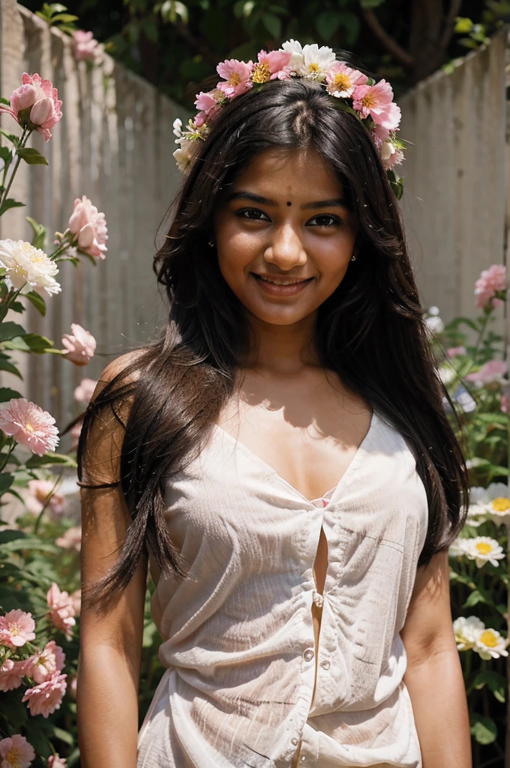 beautiful happy Indian Girl , around 30 , surrounded by flowers