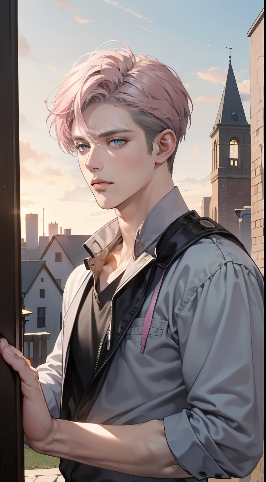 masterpiece, best quality, realistic, 1man, mature male, quiet and charming young man, 35 years old, close his eyes, serious, closed mouth, extremely detailed face, cold, ((dark grey blue eyes)), ((short-right-swept dark grey pink hair)), [thick eyebrows], ((hunter)), accurate, detailed, ((town))