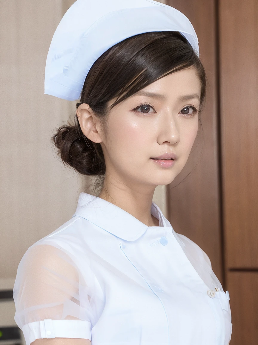 1 girl,(Wearing white nurse clothes:1.2),(RAW Photos, Highest quality), (Realistic, photo-Realistic:1.4), masterpiece, Very delicate and beautiful, Very detailed, 2k wallpaper, wonderful, finely, Very detailed CG unity 8k wallpaper, Very detailed, High resolution, Soft Light, Beautiful detailed girl, Very detailed eyes and face, Beautiful and sophisticated nose, finely beautiful eyes, Perfect Anatomy, Black Hair, Upstyle, nurse uniform, ((nurse cap)), Long skirt, nurse, White costume, thin, hospital, clear, White Uniform, hospital room, Neck auscultation,Face close-up