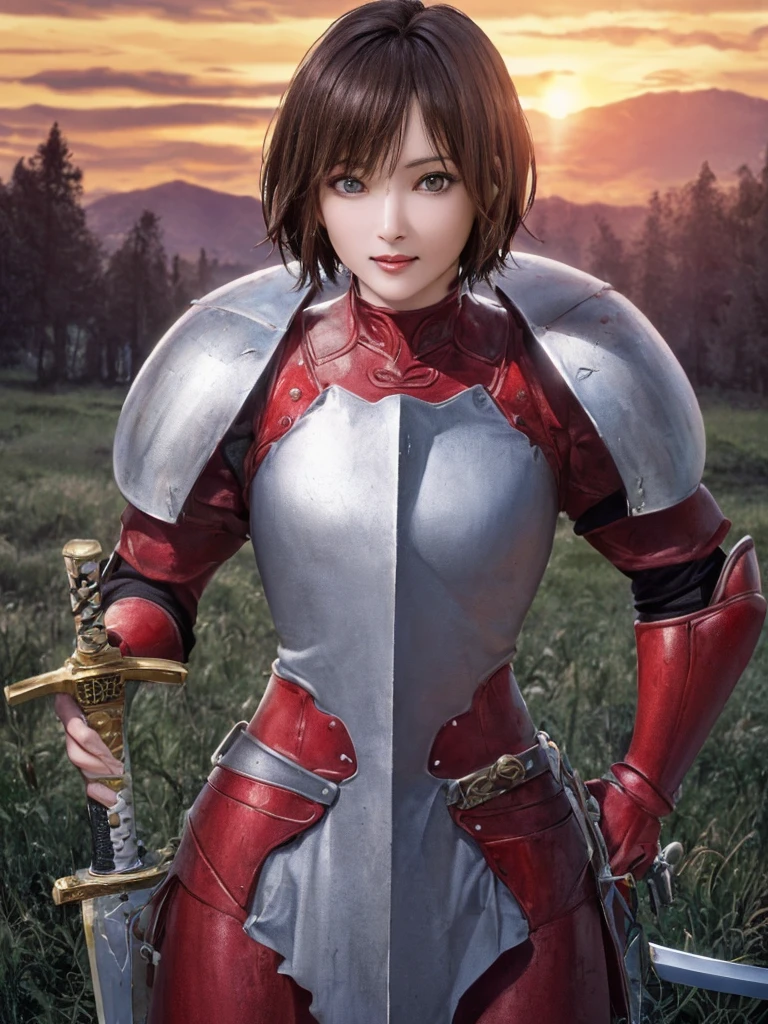 (Highest quality、8k、32K、masterpiece)、(Realistic)、(Realistic:1.2)、(High resolution)、Very detailed、とても美Funny faceと目、(((Women's Solo Shot)))、Tight waist、(Highest quality、Attention to detail、Rich skin detail)、(Highest quality、8k、Oil paints:1.2)、(Realistic、Realistic:1.37)、Bright colors、(((Cowboy Shot)))、(((Brand Hair)))、(((short hair)))、(((He has a good looking face.)))、((Rin々Funny face))、(((Sunset sky)))、(((I have a sword)))、(((Standing in the wilderness)))、(((Wearing red armor)))、(((Holding a sword)))