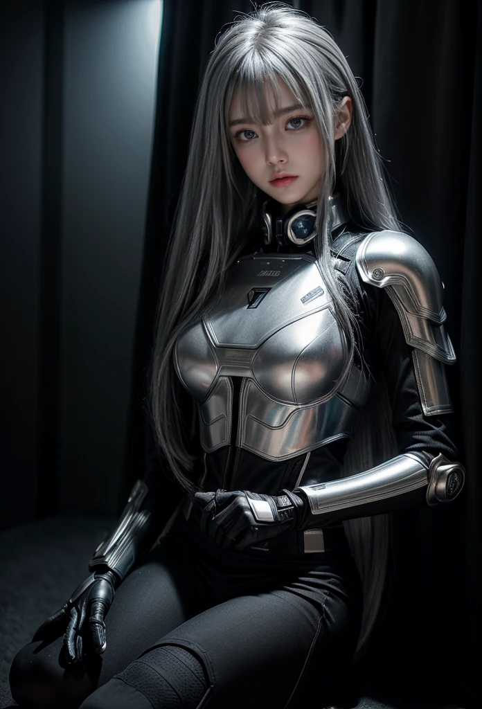 cyber angel,machine wing,{{Sci-Fi Armor}},cyber suit,cyberpunk,science fiction,cyber battle armor,Battledress,Military Uniforms,pants,black military uniform,whole body,Height: 168cm,almond shape eyes,{{{{{silver eyes}}}}},{{{{{dull bangs}}}}},(slanted eyes},{{whole body},{{{1 girl}}}, long hair, straight hair,{{{{silver hair}}}},{{{tsurime}}},30 years old,{Medium chest},{{bush}},silver eyes,{{{masterpiece}}}, {{{highest quality}}}, {{Super detailed}}, {shape}, {{very delicate and beautiful}},very detailed,detailed perfect,detailed hyper,Abundant thighs,big ass,black clothes