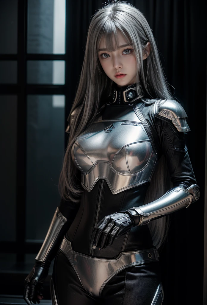 cyber angel,machine wing,{{Sci-Fi Armor}},cyber suit,cyberpunk,science fiction,cyber battle armor,Battledress,Military Uniforms,pants,black military uniform,whole body,Height: 168cm,almond shape eyes,{{{{{silver eyes}}}}},{{{{{dull bangs}}}}},(slanted eyes},{{whole body},{{{1 girl}}}, long hair, straight hair,{{{{silver hair}}}},{{{tsurime}}},30 years old,{Medium chest},{{bush}},silver eyes,{{{masterpiece}}}, {{{highest quality}}}, {{Super detailed}}, {shape}, {{very delicate and beautiful}},very detailed,detailed perfect,detailed hyper,Abundant thighs,big ass,black clothes