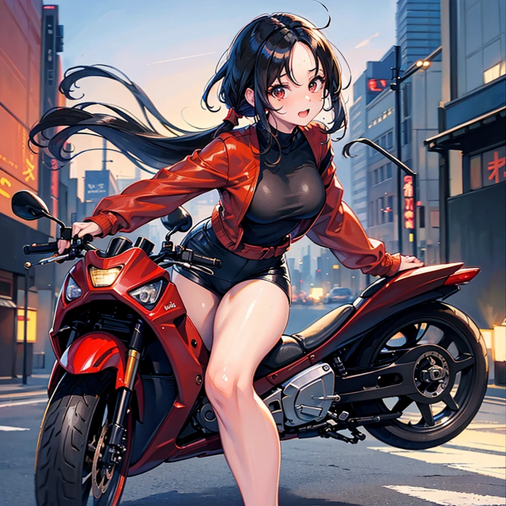 Screenshot style from the anime Tokyo Revenges by Ken Wakui, one anime girl, adult woman, 20 years old, red eyes, slanted eyes, all black hair, long, loose, side-sweat, SHOWING FOREHEAD, NO HAIR ON FOREHEAD, NO HAIR IN FRONT OF FACE, NO HAIR IN FRONT OF EYES, sweatshirt, riding a Japanese motorcycle, old red Kawasaki, city background