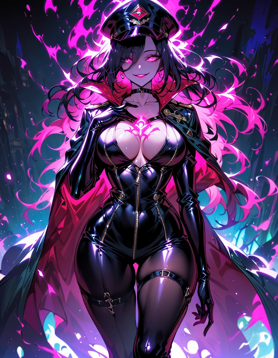 Mature beautiful woman,(Highest quality,Extremely detailed depiction,Incredibly absurd high resolution,Anatomically accurate depiction,Curvy Legs),(Glowing Skin,Shiny skin,Oilskin),(Female Leader of an Evil Organization),(A complex latex military costume,military hat,military cloak,Villain Mask,Leather thigh highs,Long gloves,Leather Choker,Luxury accessories,Black Pantyhose),eyelash,Flashy makeup,eye shadow,eyeliner,mascara,(Glowing pink eyes,Crazy Eyes,Eyes half closed:1.3,There is cleavage in the chest,Wicked Smile,Large Breasts,Glossy lipstick,Shadowed face,Seductive gestures),whole body