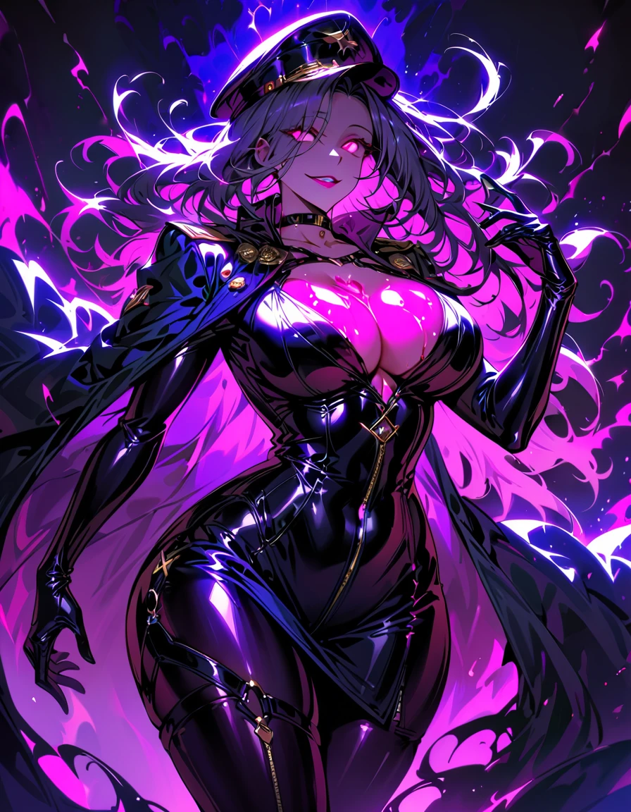 Mature beautiful woman,(Highest quality,Extremely detailed depiction,Incredibly absurd high resolution,Anatomically accurate depiction,Curvy Legs),(Glowing Skin,Shiny skin,Oilskin),(Female Leader of an Evil Organization),(A complex latex military costume,military hat,military cloak,Villain Mask,Leather thigh highs,Long gloves,Leather Choker,Luxury accessories,Black Pantyhose),eyelash,Flashy makeup,eye shadow,eyeliner,mascara,(Glowing pink eyes,Crazy Eyes,Eyes half closed:1.3,There is cleavage in the chest,Wicked Smile,Large Breasts,Glossy lipstick,Shadowed face,Seductive gestures),whole body
