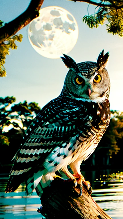 Lakeside in deep forest、A creepy owl perched on a tree in the forest、Only the eyes of an owl and the moonlight、
