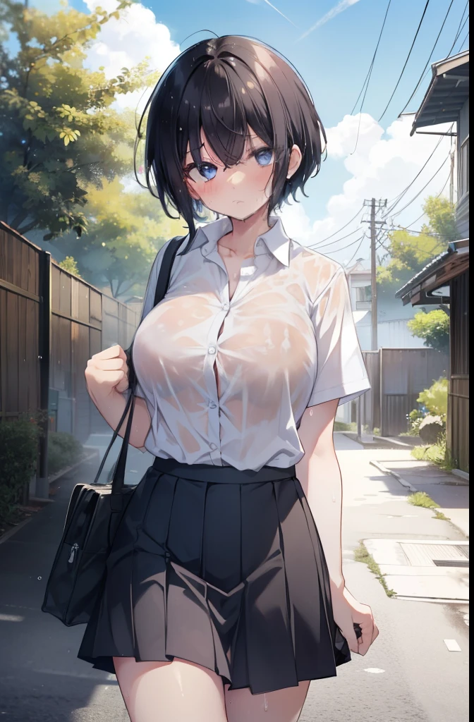 Residential area,the way,sunny,Girl 1,boyish,Very Short Hair,Black Hair,blue eyes,blush,Sweaty,Wet,Summer uniform,mini skirt,White shirt,Cowboy Shot,Walking,sun,cloud,Big Breasts,Holding a bag,hot,Troubled face,