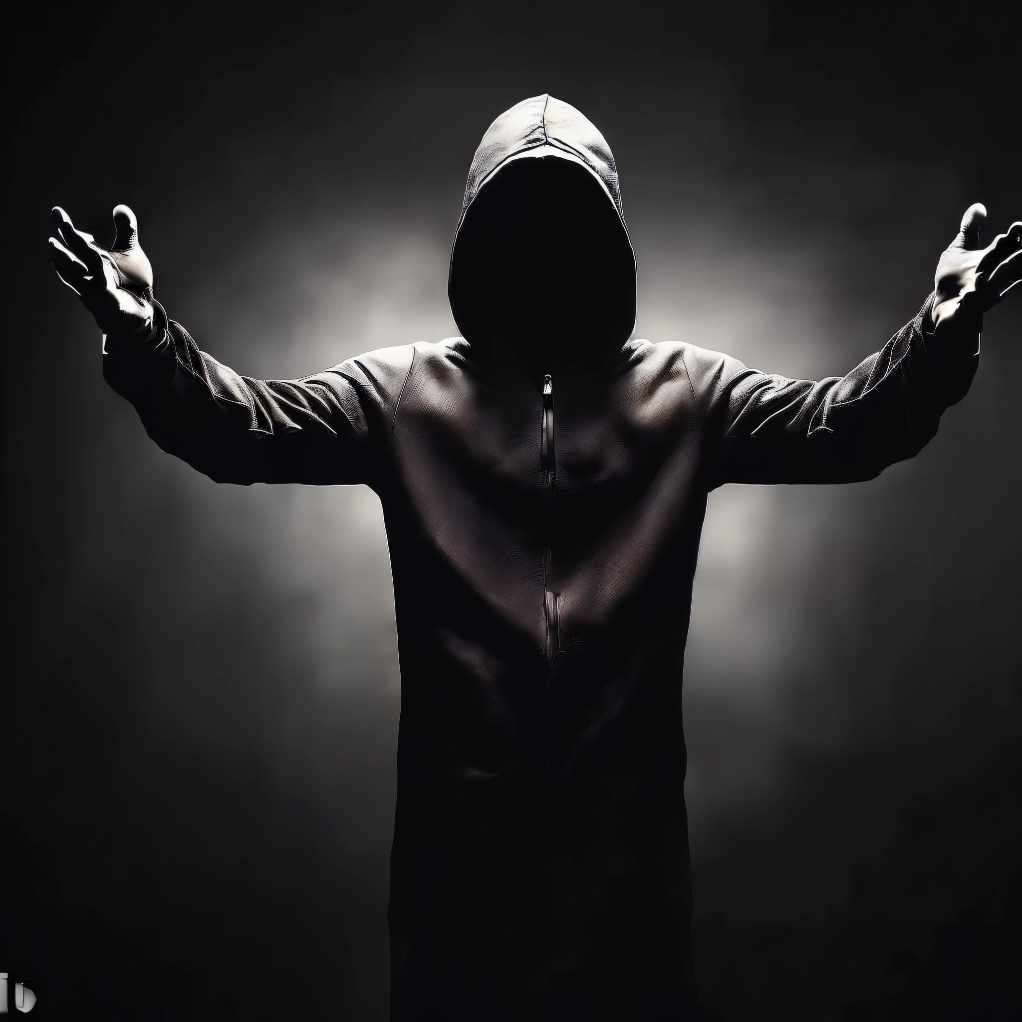 Hooded man with hands out, wearing a dark hood, hooded figure, hooded figure surreal, hooded, in a black hoodie, vantablack cloth technology, hooded figures, clothed in hooded, Homem misterioso, faceless people dark, wearing a black hoodie, cloaked, gothic wearing hooded dark cloak, dark cloaked figure