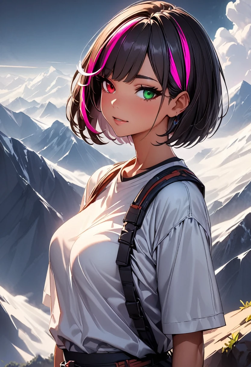 (highest quality:1.2, Very detailed, up to date, Vibrant, Ultra-high resolution, High Contrast, masterpiece:1.2, highest quality, Best aesthetics), Portraiture、girl、solo, (25-years-old:1), slim, heterrochromia, green eye, red eye, ( Walking on a mountain trail wearing a mountaineering hat. A sea of clouds hangs over the ridges and magnificent mountains. Climber's wear), Bright colors、Beautiful fine details、Beautiful lip detail、extra short hair, ((bob cut:1.5))、pink and purple, ((streaked hair:1.9)), (highlights hair: 1.6), (medium breast:0.7), (tan skin:0.5), cowboy shot:1,