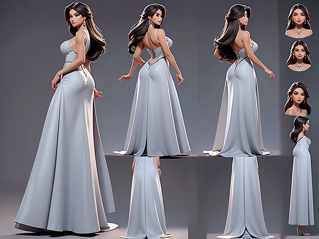 sofia vergara, long hair, long dress, stunning, multiple views, three views, three sided view, front view, side view, back view, reference sheet, design sheet, character sheet, model sheet, a-pose, t-pose, gray background