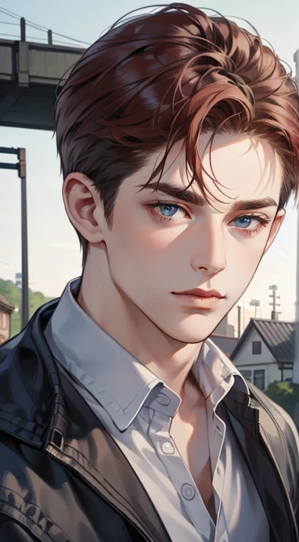 masterpiece, best quality, realistic, 1man, mature male, quiet and charming  man, 35 years old, close his eyes, serious, closed mouth, extremely detailed face, cold, ((dark grey blue eyes)), ((short-right-swept dark red hair)), [thick eyebrows], ((hunter)), accurate, detailed, ((town))