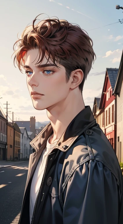 masterpiece, best quality, realistic, 1man, mature male, quiet and charming  man, 35 years old, close his eyes, serious, closed mouth, extremely detailed face, cold, ((dark grey blue eyes)), ((short-right-swept dark red hair)), [thick eyebrows], ((hunter)), accurate, detailed, ((town))