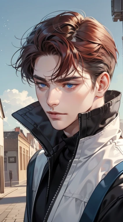 masterpiece, best quality, realistic, 1man, mature male, quiet and charming  man, 35 years old, close his eyes, serious, closed mouth, extremely detailed face, cold, ((dark grey blue eyes)), ((short-right-swept dark red hair)), [thick eyebrows], ((hunter)), accurate, detailed, ((town))