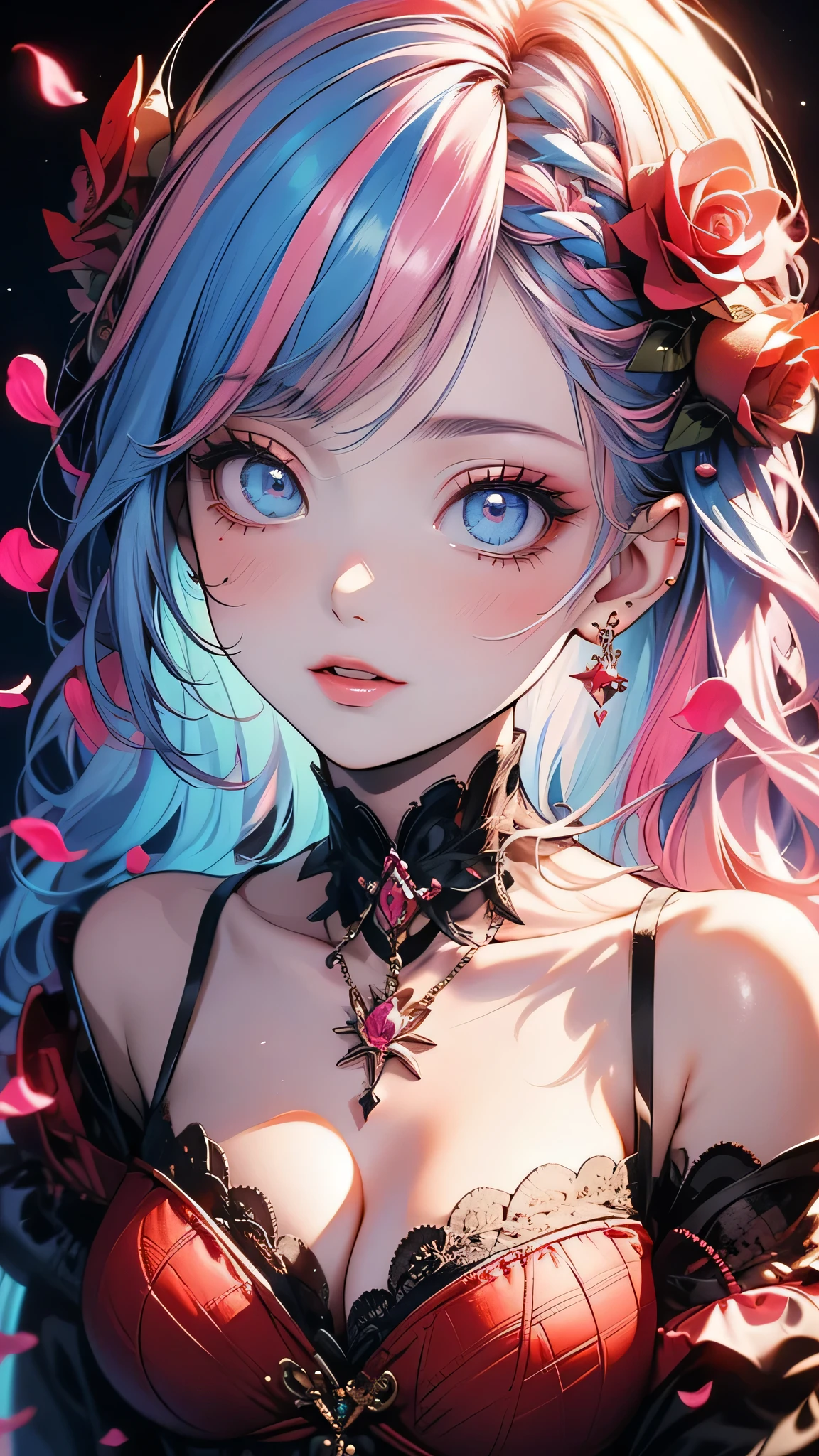 ((masterpiece)), (Highest quality))),Very detailed, Seductive erotic woman sweating, (Very delicate and beautiful face), (Beautiful eyes in every detail),Breasts covered in rose petals, (Big Breasts, pink/Blue Hair), Focus on the face, Focus on the face, Complex eyes,Elaborate decoration,