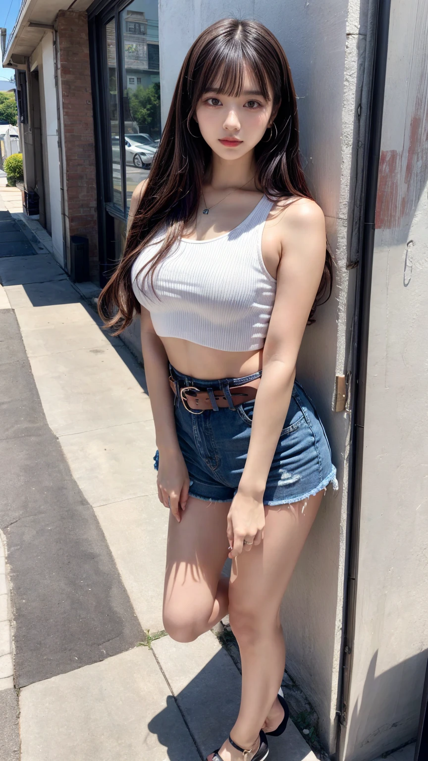 masterpiece, best quality, illustration, Super detailed, fine details, High resolution, 8K,wall paper, perfect dynamic composition, full body photo, leaning forward, stooping forward, (Details High quality, realistic depiction of eyes:1.3), 20 year old girl, Gravure Idol, cute type, large breasts, straight hair, black hair color, Korean style makeup, Big Natural Color Lip, perfect body shape, plump figure, White crop top that goes all the way down to the neck, denim short pants, Leather belt, necklace, earrings