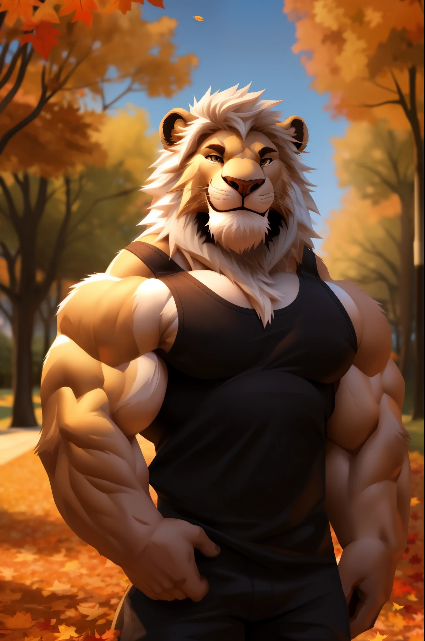a muscular furry lion in park, tank top, happy, autumn, vector, mwvector, bokeh, smile, (masterpiece:1.2),(best quality,8k),huge and muscular,thick arms,short hair,white hair