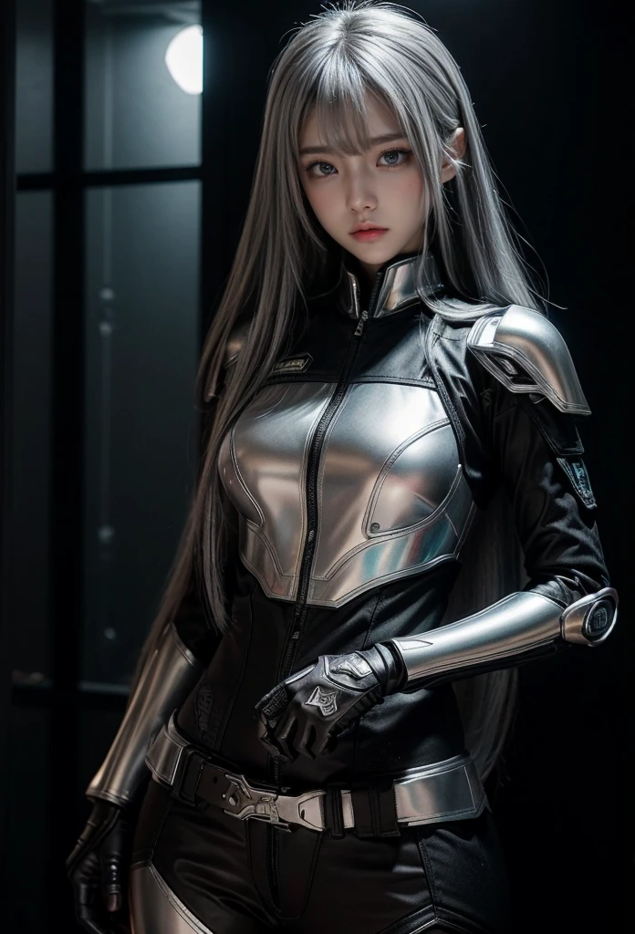 cyber angel,machine wing,{{Sci-Fi Armor}},cyber suit,cyberpunk,science fiction,cyber battle armor,Battledress,Military Uniforms,pants,black military uniform,whole body,Height: 168cm,almond shape eyes,{{{{{silver eyes}}}}},{{{{{dull bangs}}}}},(slanted eyes},{{whole body},{{{1 girl}}}, long hair, straight hair,{{{{silver hair}}}},{{{tsurime}}},30 years old,{Medium chest},{{bush}},silver eyes,{{{masterpiece}}}, {{{highest quality}}}, {{Super detailed}}, {shape}, {{very delicate and beautiful}},very detailed,detailed perfect,detailed hyper,Abundant thighs,big ass,black clothes