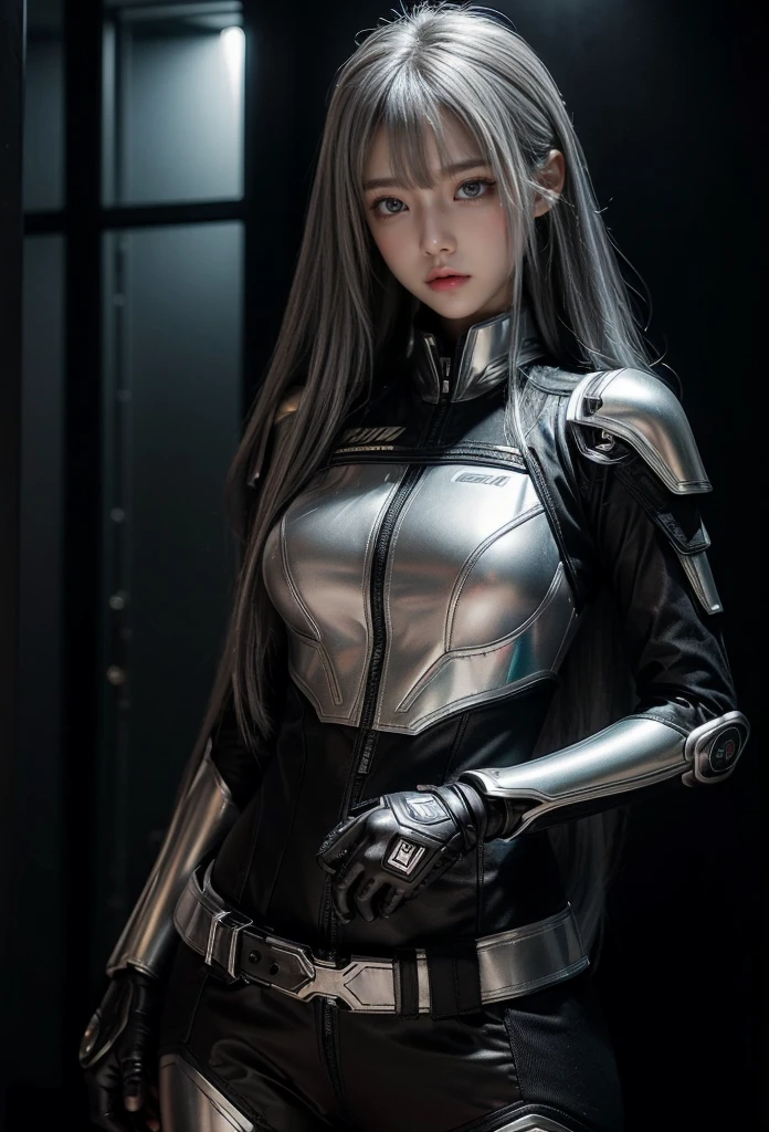 cyber angel,machine wing,{{Sci-Fi Armor}},cyber suit,cyberpunk,science fiction,cyber battle armor,Battledress,Military Uniforms,pants,black military uniform,whole body,Height: 168cm,almond shape eyes,{{{{{silver eyes}}}}},{{{{{dull bangs}}}}},(slanted eyes},{{whole body},{{{1 girl}}}, long hair, straight hair,{{{{silver hair}}}},{{{tsurime}}},30 years old,{Medium chest},{{bush}},silver eyes,{{{masterpiece}}}, {{{highest quality}}}, {{Super detailed}}, {shape}, {{very delicate and beautiful}},very detailed,detailed perfect,detailed hyper,Abundant thighs,big ass,black clothes