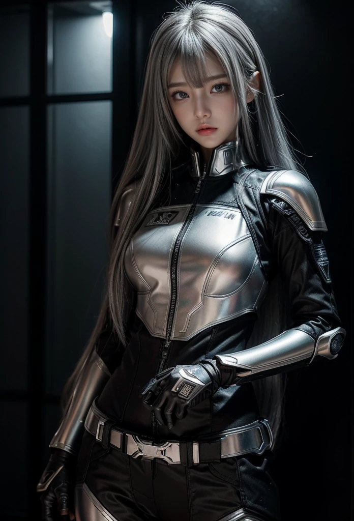 cyber angel,machine wing,{{Sci-Fi Armor}},cyber suit,cyberpunk,science fiction,cyber battle armor,Battledress,Military Uniforms,pants,black military uniform,whole body,Height: 168cm,almond shape eyes,{{{{{silver eyes}}}}},{{{{{dull bangs}}}}},(slanted eyes},{{whole body},{{{1 girl}}}, long hair, straight hair,{{{{silver hair}}}},{{{tsurime}}},30 years old,{Medium chest},{{bush}},silver eyes,{{{masterpiece}}}, {{{highest quality}}}, {{Super detailed}}, {shape}, {{very delicate and beautiful}},very detailed,detailed perfect,detailed hyper,Abundant thighs,big ass,black clothes