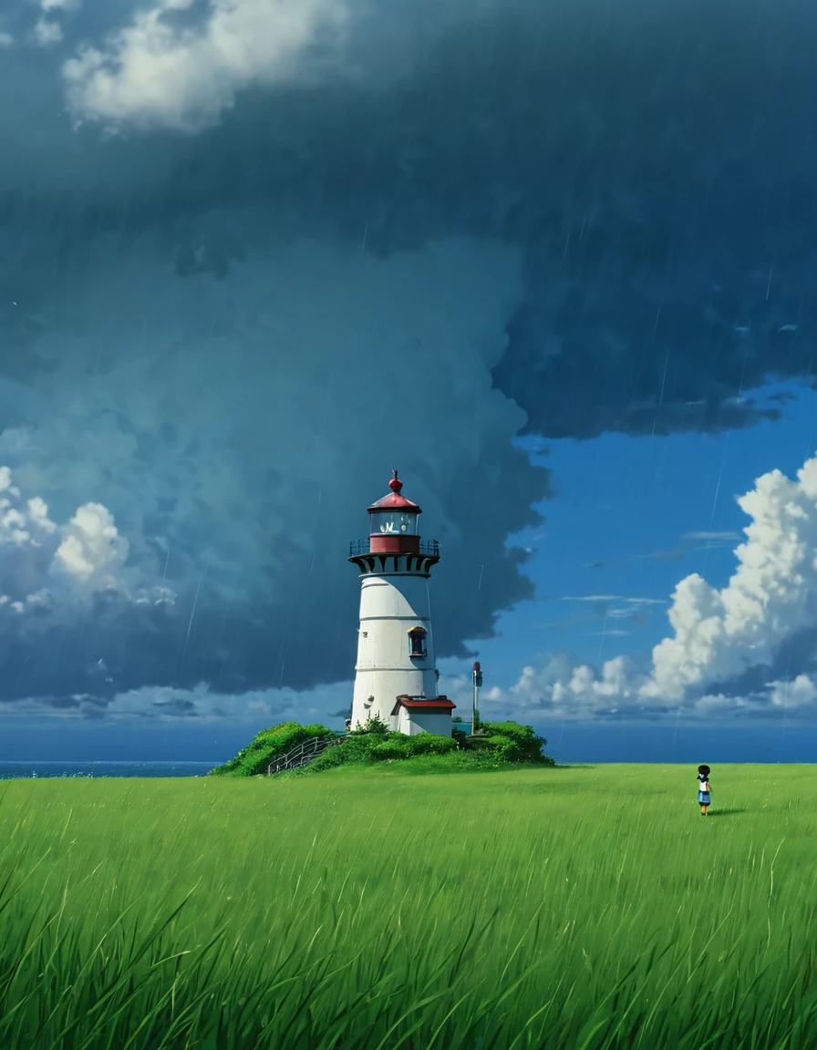 Study ghibli　lonely lighthouse summer　rain　grass field clouds　niño HD 8K