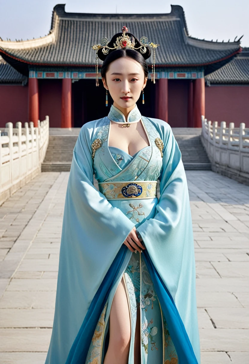 Chinese actress Zhou Xun in The Legend of Ruyi(Zhou Xun)Similar face seen from the front of the Qing Dynasty standing full body empress with big breasts, belly and hairy pussy　
Nude without underwear, hairstyle, Chinese empress wearing large crown, outside the palace of the Qing Dynasty, stone paving