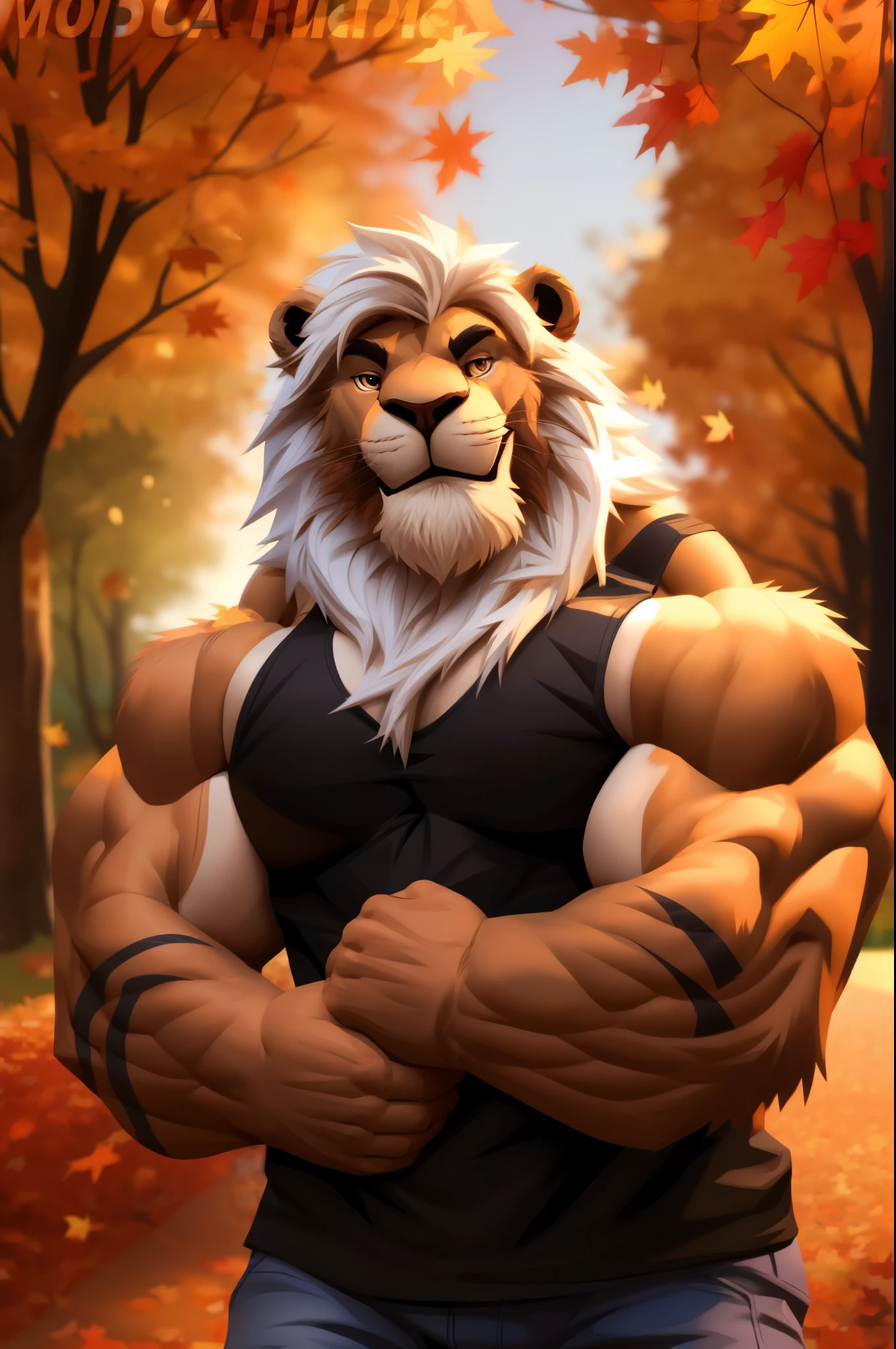 a muscular furry lion in park, tank top, happy, autumn, vector, mwvector, bokeh, smile, (masterpiece:1.2),(best quality,8k),huge and muscular,thick arms,short hair,white hair