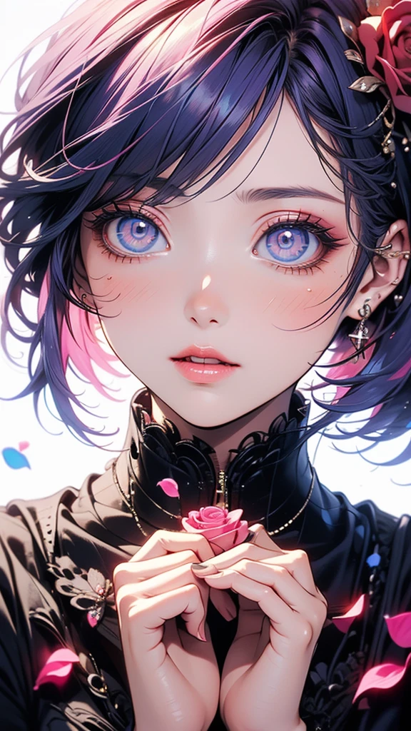 ((masterpiece)), (Highest quality))),Very detailed, Seductive erotic woman sweating, (Very delicate and beautiful face), (Beautiful eyes in every detail),Breasts covered in rose petals, (Big Breasts, pink/Blue Hair), Focus on the face, Focus on the face, Complex eyes,Elaborate decoration,