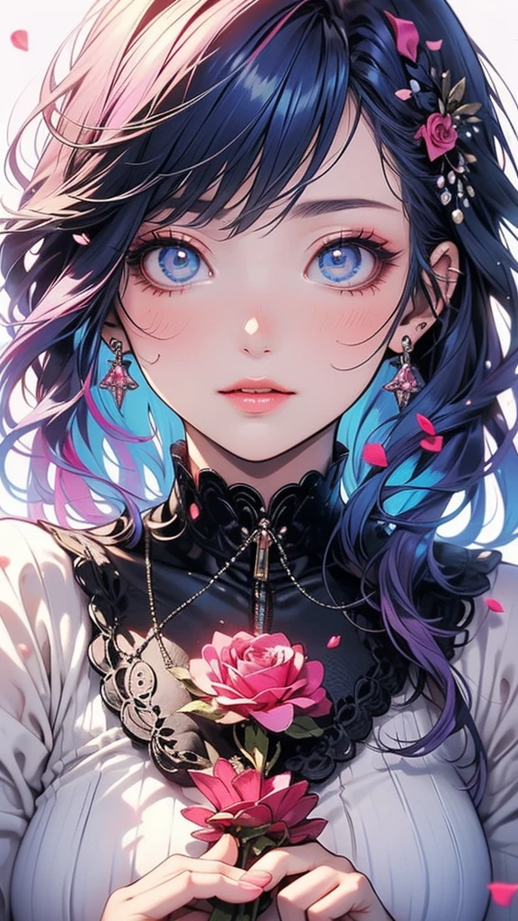 ((masterpiece)), (Highest quality))),Very detailed, Seductive erotic woman sweating, (Very delicate and beautiful face), (Beautiful eyes in every detail),Breasts covered in rose petals, (Big Breasts, pink/Blue Hair), Focus on the face, Focus on the face, Complex eyes,Elaborate decoration,
