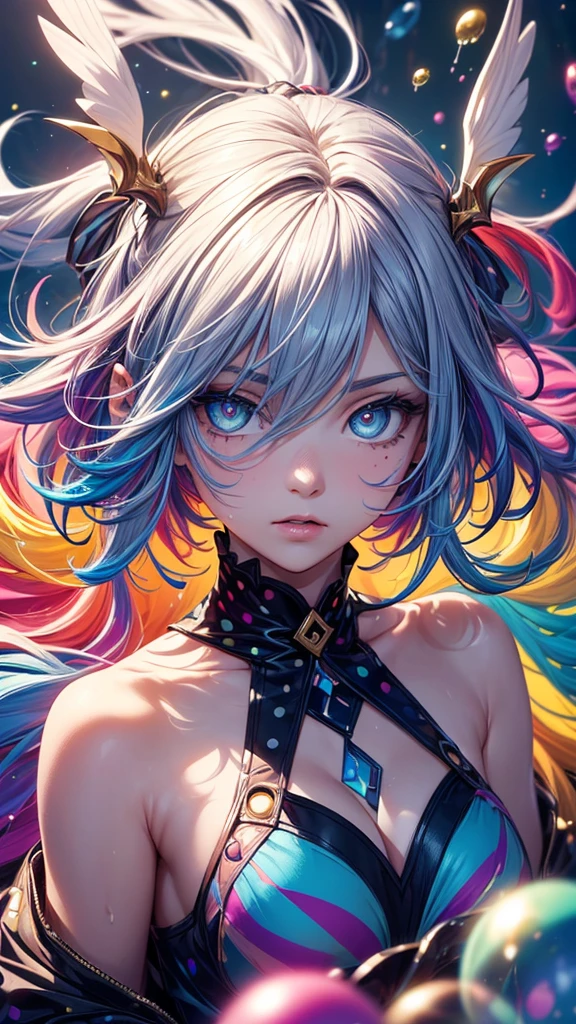 (((masterpiece))),(((Highest quality))),((Very detailed)),(figure),(Dynamic Angle), ((floating)),(paint),((Disheveled Hair)), (alone),(One girl), ((Mid-chest)), (((Detailed anima face))),((Beautifully detailed face)),collar,Exposing shoulders, Gray Hair, ((Colorful Hair)),((Striped Hair)), Beautiful attention to detail,(Gradient color eyes),(((Colorful eyes))), (((Colorful background))),(((High saturation))),(((Surrounded by colorful splashes))),(((Surrounded by colorful dots))),Colorful Bubbles,((The Shining))