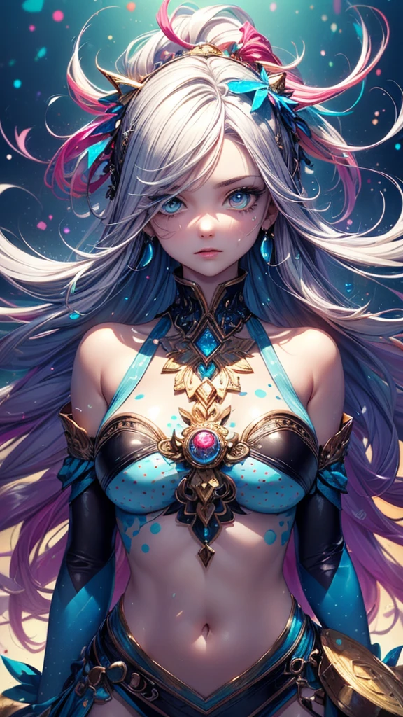 (((masterpiece))),(((Highest quality))),((Very detailed)),(figure),(Dynamic Angle), ((floating)),(paint),((Disheveled Hair)), (alone),(One girl), ((Mid-chest)), (((Detailed anima face))),((Beautifully detailed face)),collar,Exposing shoulders, Gray Hair, ((Colorful Hair)),((Striped Hair)), Beautiful attention to detail,(Gradient color eyes),(((Colorful eyes))), (((Colorful background))),(((High saturation))),(((Surrounded by colorful splashes))),(((Surrounded by colorful dots))),Colorful Bubbles,((The Shining))