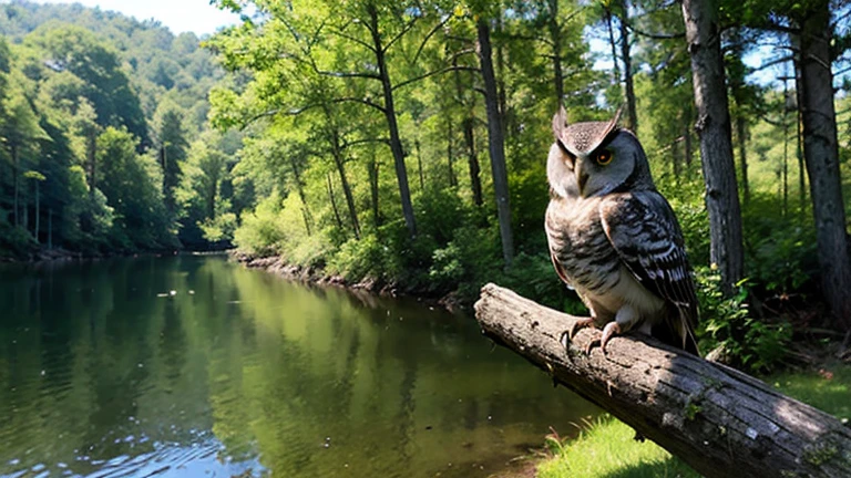 Lakeside in deep forest、A creepy owl perched on a tree in the forest、Only the owl's eyes and the moonlight are bright、Deep darkness spreads、