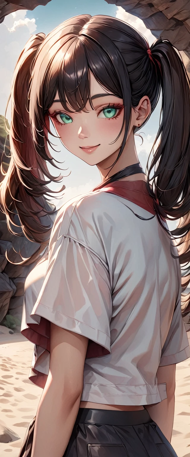 Realistic, photograph, 自然な肌をした女の子のphotograph, ((High Twintails)), , ((Baby Face)), Smiling, ((Tilt your head)), Round face, Red mesh hair, ((Upper Body)), Beach cave, The light is shining in, Black hair with red mesh, Sharp Eye, Blue-green eyes, Shining eyes, A thin, upturned nose, Well-shaped lips, ((crop top overhang, Short sleeve, Black clothes, Glamour body)), Makeup, Exquisitely crafted with the utmost attention to detail, Vibrant, amazing, Smooth, Cinematic, 4K, Backlight, (()), Shallow depth of field, ((Detailed eyes:1.3, Detailed lips:1.3, high quality, )), masterpiece, Super detailed images, High quality