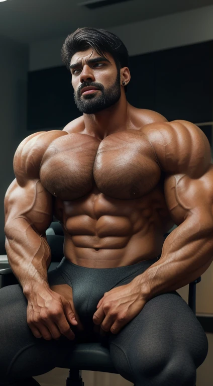 An award-winning original photo, Pain is raging on the face, screaming with pain  and making aggressive face expressions with eyes closed, the head is tilted back  A wild handsome muscular indian man,( 20 years old:1.3), 1boy, Solo, (), (tight underwear), sitting on chair in luxury office, from Front view, black hair, (big shoulders), musculature, stubbles, beard, earstuds, Beautiful eyes:1.3, ), (Detailed face:1.3), dimples, (holded penis), Dynamic front Angle view, volumetric lighting, (Best quality, A high resolution, Photorealistic), Cinematic lighting, Masterpiece, RAW photo, Intricate details, hdr, depth of field, upper body, His perfect huge bulge,masterpieces 