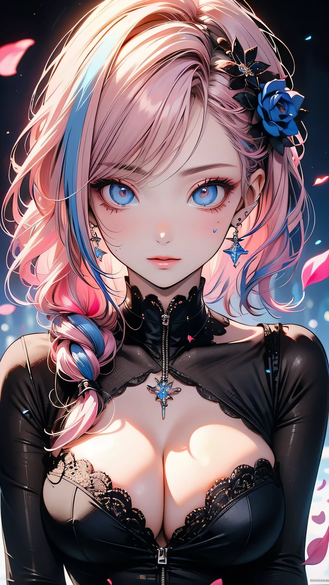 ((masterpiece)), (Highest quality))),Very detailed, Seductive erotic woman sweating, (Very delicate and beautiful face), (Beautiful eyes in every detail),Breasts covered in rose petals, (Big Breasts, pink/Blue Hair), Focus on the face, Focus on the face, Complex eyes,Elaborate decoration,
