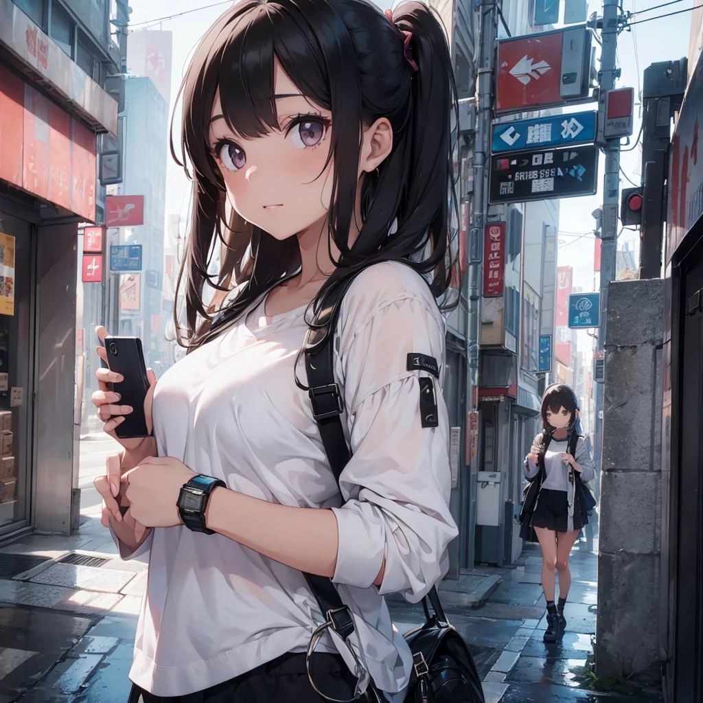 ((Beautiful girl holding a mobile phone in her hand)) 4K 8K:: Realistic::4. Cyberpunk::1 --v 4 --Quality 2