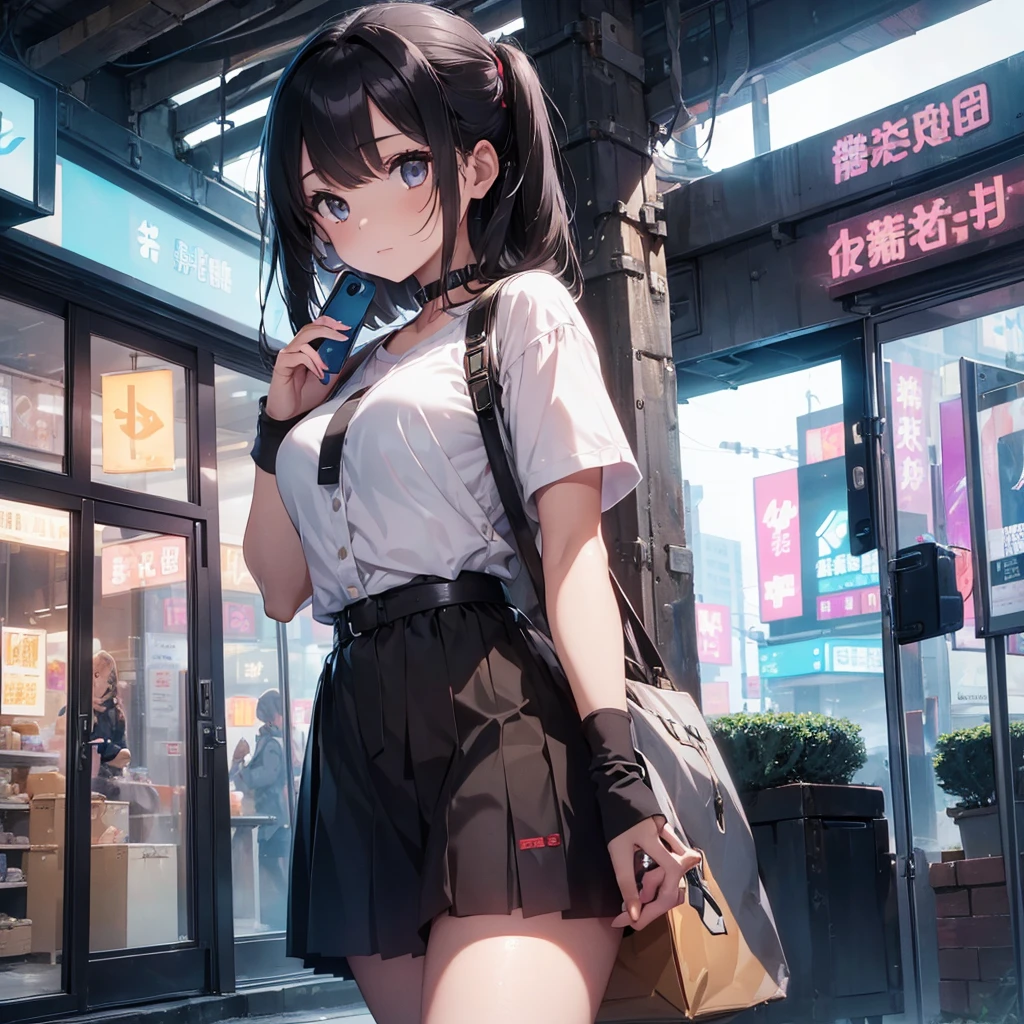 ((Beautiful girl holding a mobile phone in her hand)) 4K 8K:: Realistic::4. Cyberpunk::1 --v 4 --Quality 2