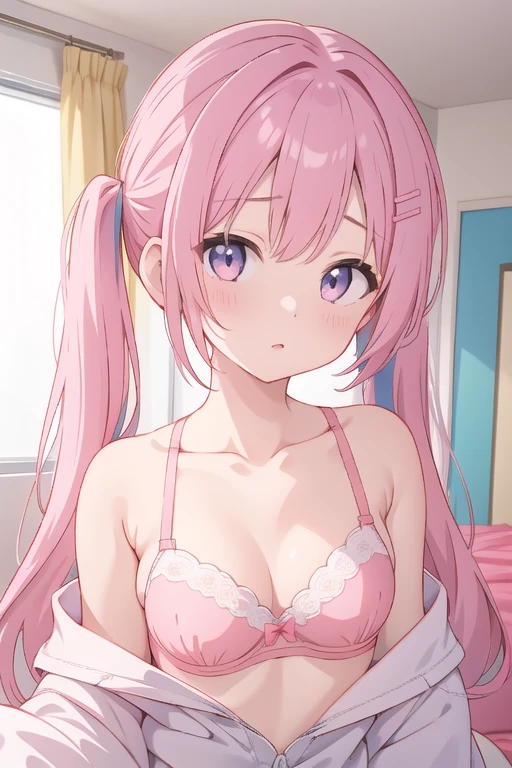 Upper body close-up、My Room、One Girl、Pink Hair、Long twin tails、In a bra、The bottom is not worn.、Staring at me in silence