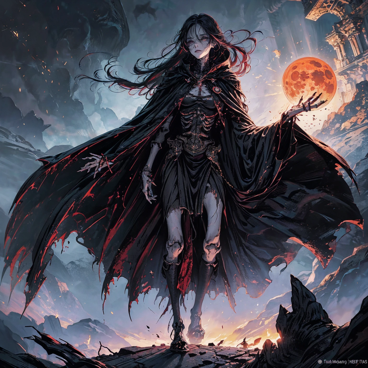 (full body:1.5), (wide shot:1.2), best quality, 4K, high resolution, (masterpiece:1.2), Very detailed, (actual:1.37), (anatomically correct:1.2), Mood lighting, A black hair young undead girl in a long cape, Whole body including hands & arms & legs & feet are all skeleton bones but except the head is still beautiful human face, Wearing a ragged gothic skirt, Shaded expression, Aloofness emotion, Dangerous sneer, beautiful but sorrowful smile, Black tears of blood flowed from eyes, lean on one side floating above ground, Facing the camera, Crucified, Pitch black sky, Blood-red moon, strange atmosphere, Gothic style, Unforgettable beauty, Dramatic shadows, Ethereal Light, Mysterious atmosphere, Necromancer, Dark Magic, Resurrection of the Dead, Resurrected zombies and skeletons roaming around.