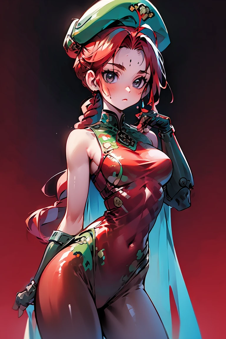 master part, best quality, highres, 1girl, twin braids, long hair, blonde hair, antenna hair, red beret, (Red Head Outfit:1.3), blue colored eyes, scar on cheek, green leotard, breasts big, sleeveless, red gloves, gloves fingerless, camouflage, cowboy shot, Standing, simple background, flat background