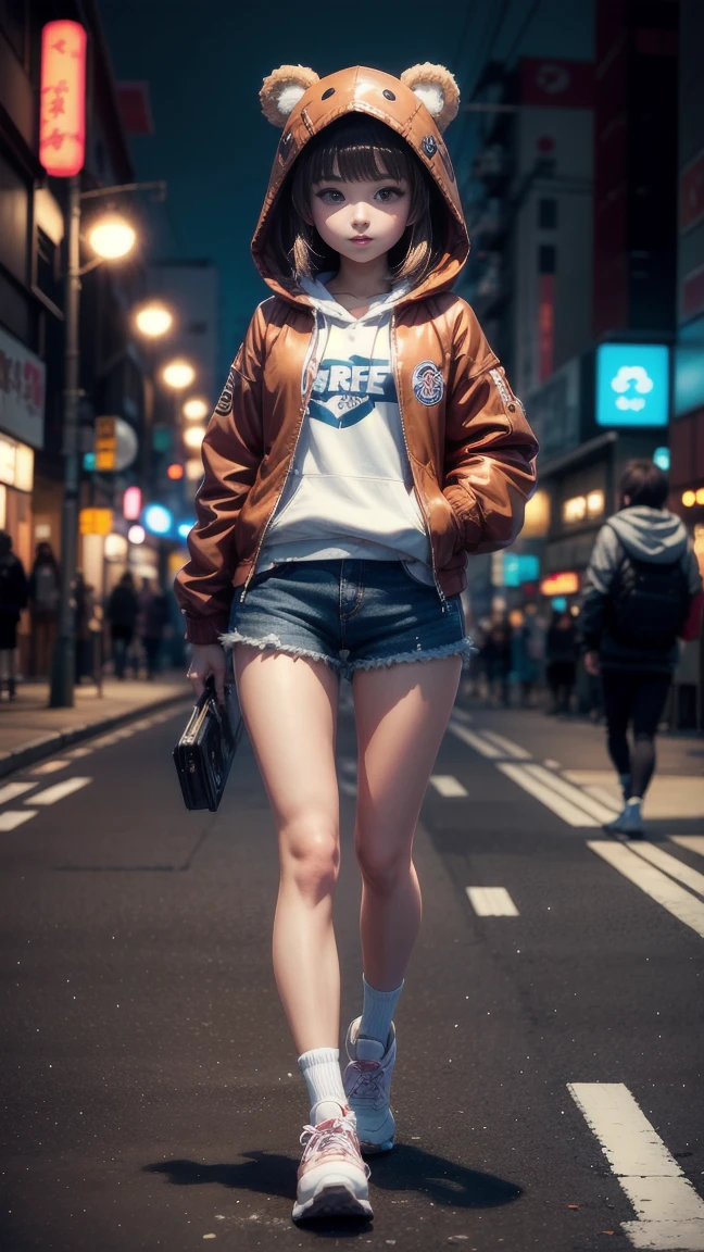 1girl,beautiful, ager, girl,anime style, full body ,Jacket with hood,cute bear ear hoodie,brown fine hair,Pose,shorts,Thick sole sneakers,ถนนharajuku japan,white balance,Cinematic lighting,anime girl,smile a little,