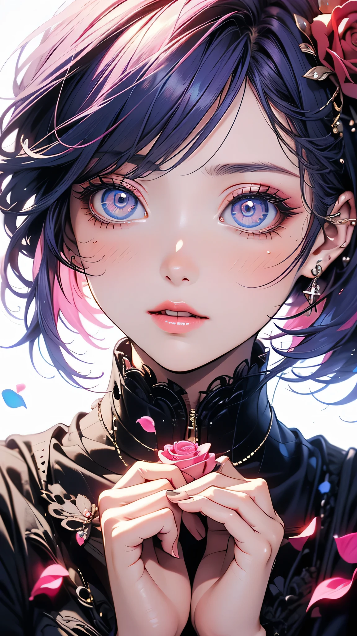 ((masterpiece)), (Highest quality))),Very detailed, Seductive erotic woman sweating, (Very delicate and beautiful face), (Beautiful eyes in every detail),Breasts covered in rose petals, (Big Breasts, pink/Blue Hair), Focus on the face, Focus on the face, Complex eyes,Elaborate decoration,